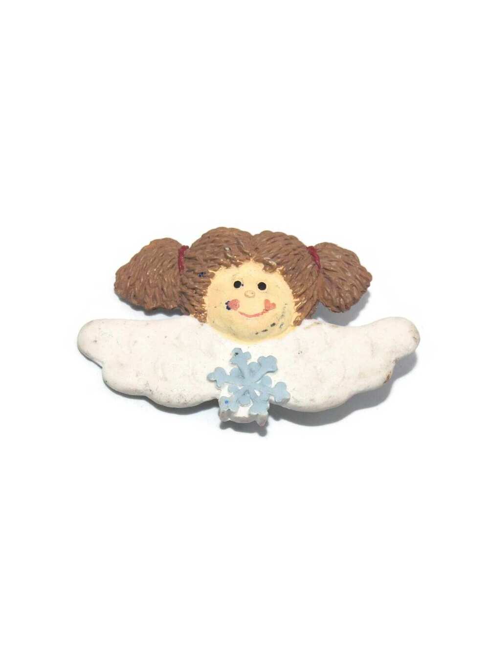 Vintage Ceramic Enameled Red Haired Angel and Snowflake Brooch.